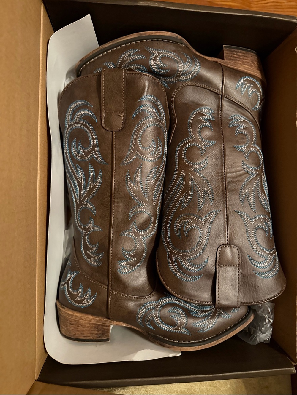 Roper Brown Western Boots with Blue Embroidery